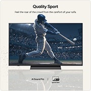 LG QNED evo AI QNED82 Mini LED Sports Forecast by AI Concierge displays a live soccer match with an on-screen AI panel presenting predictions, game insights, and league data, suggesting how AI analyzes gameplay to forecast match outcomes. 