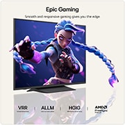 LG QNED evo AI QNED82 Mini LED for Ultimate Gameplay shows a vibrant, high-speed racing scene with a blurred comparison inset highlighting Motion Booster 288, while supporting 144Hz, VRR, AMD FreeSync, ALLM, HGiG, and GeForce NOW.
