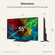 LG QNED evo AI QNED82 Mini LED shown in front and side views highlights a 55-inch display with a 1236 mm-wide screen, 718 mm screen height, 780 mm height with stand, a 67.9 mm profile depth, and a stand footprint measuring 1086 by 230 mm.