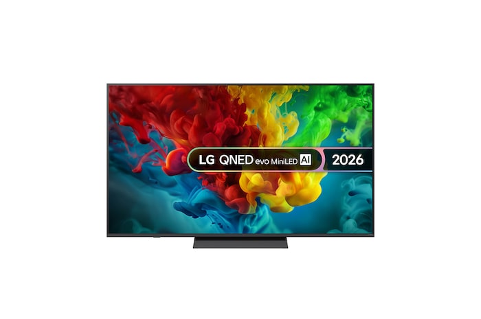 The front view of LG QNED evo AI QNED83 Mini LED, released in 2026, fills the screen with vivid, fluid bursts of multicolored, paint-like motion, as richly layered clouds of color spread smoothly across the display.