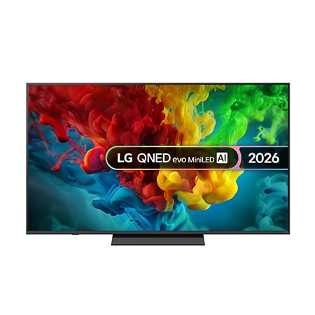 The front view of LG QNED evo AI QNED83 Mini LED, released in 2026, fills the screen with vivid, fluid bursts of multicolored, paint-like motion, as richly layered clouds of color spread smoothly across the display.