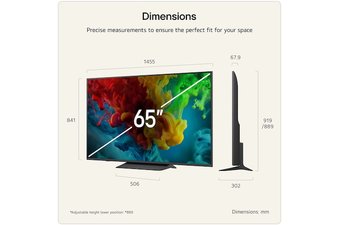 LG QNED evo AI QNED83 Mini LED shown in front and side views highlights a 65-inch display with a 1455 mm-wide screen, 841 mm screen height, 904 mm height with stand, a 67.9 mm profile depth, and a stand footprint measuring 1217 by 269 mm.