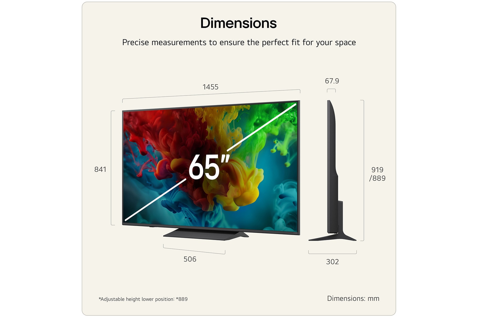 LG QNED evo AI QNED83 Mini LED shown in front and side views highlights a 65-inch display with a 1455 mm-wide screen, 841 mm screen height, 904 mm height with stand, a 67.9 mm profile depth, and a stand footprint measuring 1217 by 269 mm.