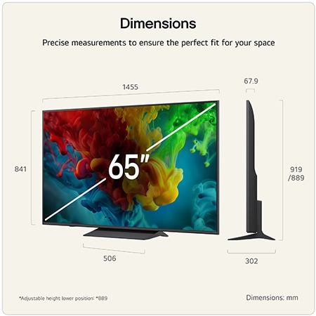LG QNED evo AI QNED83 Mini LED shown in front and side views highlights a 65-inch display with a 1455 mm-wide screen, 841 mm screen height, 904 mm height with stand, a 67.9 mm profile depth, and a stand footprint measuring 1217 by 269 mm.
