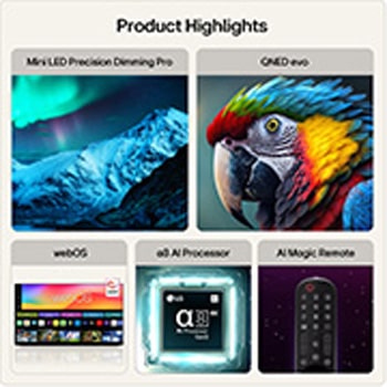 The front view of the LG QNED evo AI QNED85 Mini LED, released in 2026, displays vivid, fluid bursts of dense clouds of color on screen, featuring Dynamic QNED Color Pro, Mini LED, an α8 AI Processor 4K Gen3, webOS, and a 100-inch display.