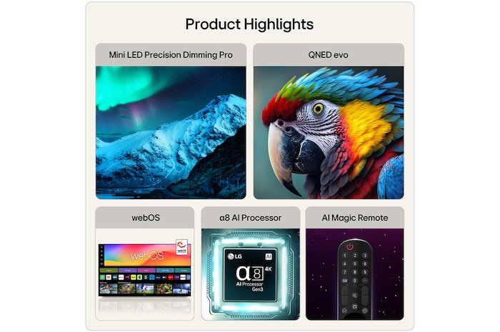 The front view of the LG QNED evo AI QNED85 Mini LED, released in 2026, displays vivid, fluid bursts of dense clouds of color on screen, featuring Dynamic QNED Color Pro, Mini LED, an α8 AI Processor 4K Gen3, webOS, and a 100-inch display.