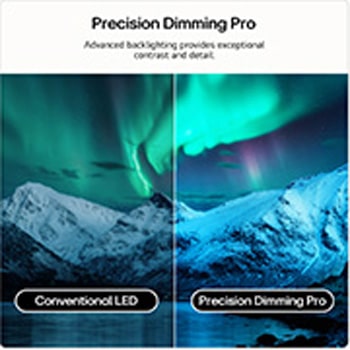 LG QNED evo AI QNED85 Mini LED highlights Mini LED with Precision Dimming Pro through a split aurora-lit glacier mountain scene, comparing conventional LED with deeper blacks and refined contrast to achieve greater precision and clarity.