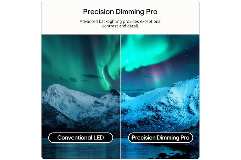LG QNED evo AI QNED85 Mini LED highlights Mini LED with Precision Dimming Pro through a split aurora-lit glacier mountain scene, comparing conventional LED with deeper blacks and refined contrast to achieve greater precision and clarity.