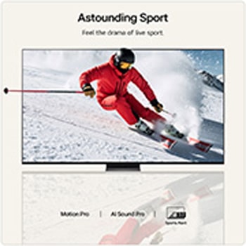 LG QNED evo AI QNED85 Mini LED Sports Forecast by AI Concierge displays a live soccer match with an on-screen AI panel presenting predictions, player insights, and league data, suggesting how AI analyzes gameplay to forecast match outcomes. 