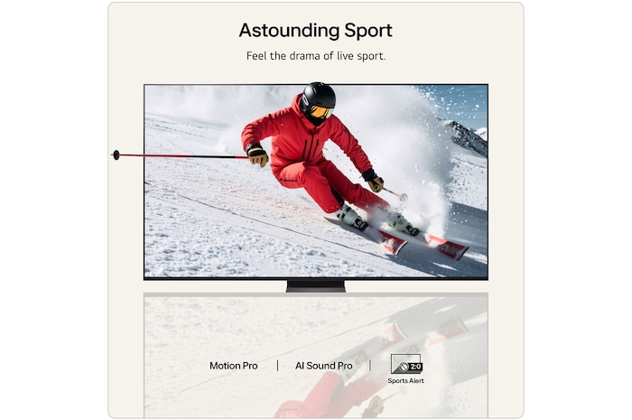 LG QNED evo AI QNED85 Mini LED Sports Forecast by AI Concierge displays a live soccer match with an on-screen AI panel presenting predictions, player insights, and league data, suggesting how AI analyzes gameplay to forecast match outcomes. 