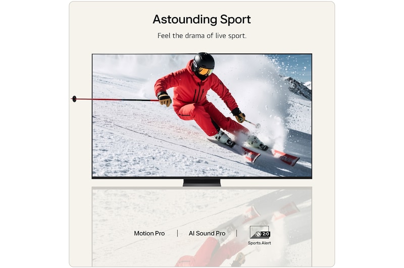 LG QNED evo AI QNED85 Mini LED Sports Forecast by AI Concierge displays a live soccer match with an on-screen AI panel presenting predictions, player insights, and league data, suggesting how AI analyzes gameplay to forecast match outcomes. 