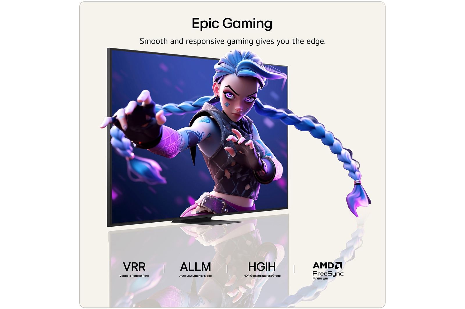 LG QNED evo AI QNED85 Mini LED for Ultimate Gameplay shows a vibrant, high-speed racing scene with a blurred comparison inset highlighting Motion Booster 288, while supporting 144Hz, VRR, AMD FreeSync, ALLM, HGiG, and GeForce NOW.