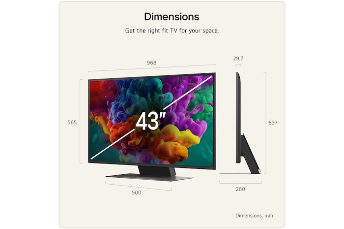 LG QNED evo AI QNED80 Mini LED shown in front and side views highlights a 43-inch display with a 968 mm-wide screen, 567 mm screen height, 621 mm height with stand, a 67.9 mm profile depth, and a stand footprint measuring 892 by 200 mm.