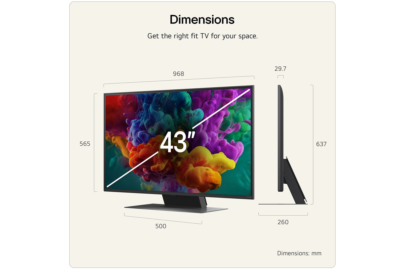 LG QNED evo AI QNED80 Mini LED shown in front and side views highlights a 43-inch display with a 968 mm-wide screen, 567 mm screen height, 621 mm height with stand, a 67.9 mm profile depth, and a stand footprint measuring 892 by 200 mm.