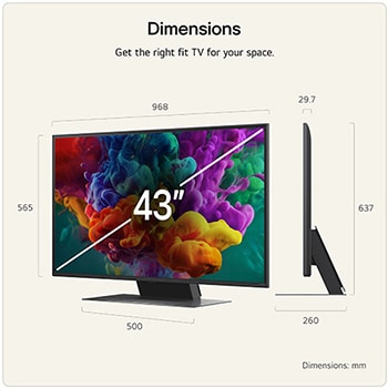 LG QNED evo AI QNED80 Mini LED shown in front and side views highlights a 43-inch display with a 968 mm-wide screen, 567 mm screen height, 621 mm height with stand, a 67.9 mm profile depth, and a stand footprint measuring 892 by 200 mm.