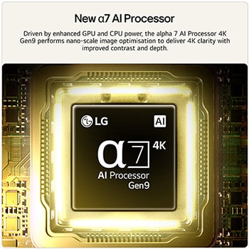 LG QNED evo AI QNED80 Mini LED’s alpha 7 AI Processor 4K Gen9 glows at the center of a yellow circuit board, highlighting smarter, more powerful AI processing that enhances 4K image clarity with improved contrast and depth.