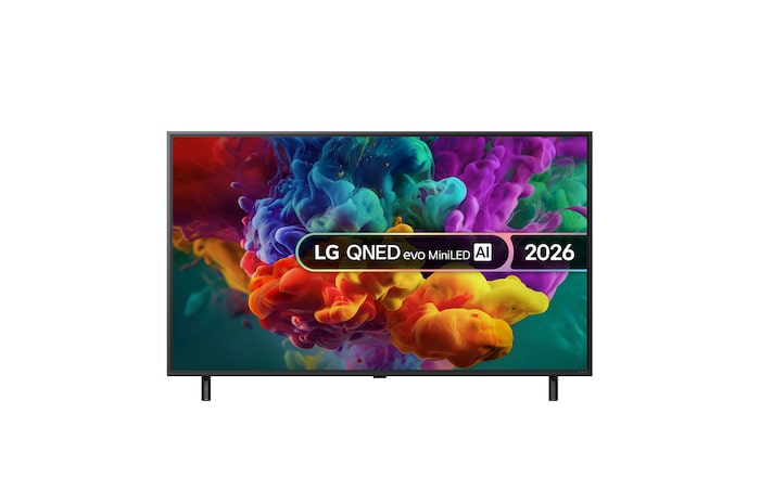 The front view of LG QNED evo AI QNED85 Mini LED, released in 2026, fills the screen with vivid, fluid bursts of multicolored, paint-like motion, as dense clouds of color blend seamlessly across the display.