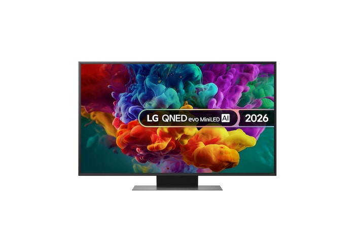 The front view of LG QNED evo AI QNED85 Mini LED, released in 2026, fills the screen with vivid, fluid bursts of multicolored, paint-like motion, as dense clouds of color blend seamlessly across the display.