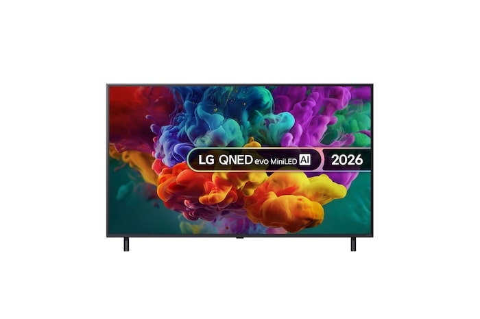 The front view of LG QNED evo AI QNED85 Mini LED, released in 2026, fills the screen with vivid, fluid bursts of multicolored, paint-like motion, as dense clouds of color blend seamlessly across the display.