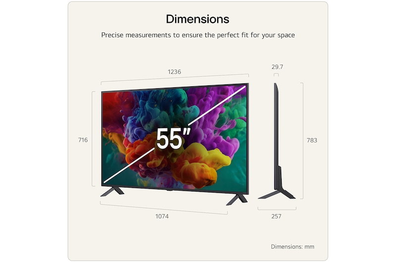 LG QNED evo AI QNED85 Mini LED with Dynamic QNED Color Pro fills the screen with vivid, fluid bursts of multicolored, paint-like motion, showcasing enhanced color vibrancy certified for 100% Color Volume.