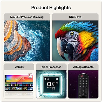 LG QNED evo AI QNED85 Mini LED shown in front and side views highlights a 50-inch display with a 1123 mm-wide screen, 652 mm screen height, 720 mm height with stand, a 29.7 mm slim profile depth, and a stand footprint measuring 941 by 257 mm.