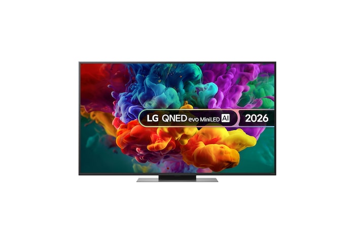 The front view of LG QNED evo AI QNED85 Mini LED, released in 2026, fills the screen with vivid, fluid bursts of multicolored, paint-like motion, as dense clouds of color blend seamlessly across the display.