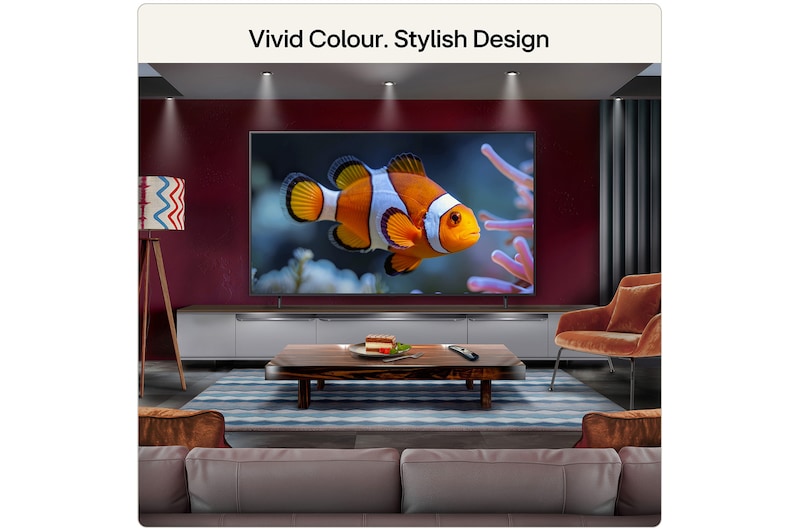 LG QNED evo AI QNED85 Mini LED features AI Hub for personalization, with an AI icon above a remote control surrounded by labels for Multi AI Search, AI Concierge, AI Voice ID with My Page, AI Chatbot, AI Picture Wizard, and AI Sound Wizard.