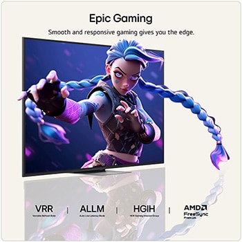 LG QNED evo AI QNED85 Mini LED for Ultimate Gameplay shows a vibrant, high-speed racing scene with a blurred comparison inset highlighting Motion Booster 288, while supporting 144Hz, VRR, AMD FreeSync, ALLM, HGiG, and GeForce NOW.