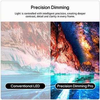 LG QNED evo AI QNED85 Mini LED highlights Mini LED with Precision Dimming in a split forest scene, comparing conventional LED with deeper blacks and more refined contrast as sunlight filters through the trees for greater clarity and depth.