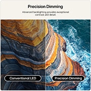 LG QNED evo AI QNED85 Mini LED highlights Mini LED with Precision Dimming in a split forest scene, comparing conventional LED with deeper blacks and more refined contrast as sunlight filters through the trees for greater clarity and depth.