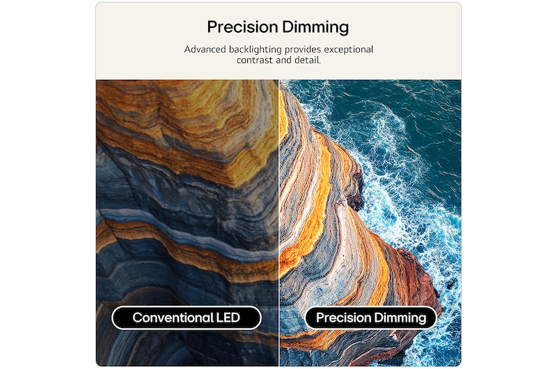 LG QNED evo AI QNED85 Mini LED highlights Mini LED with Precision Dimming in a split forest scene, comparing conventional LED with deeper blacks and more refined contrast as sunlight filters through the trees for greater clarity and depth.