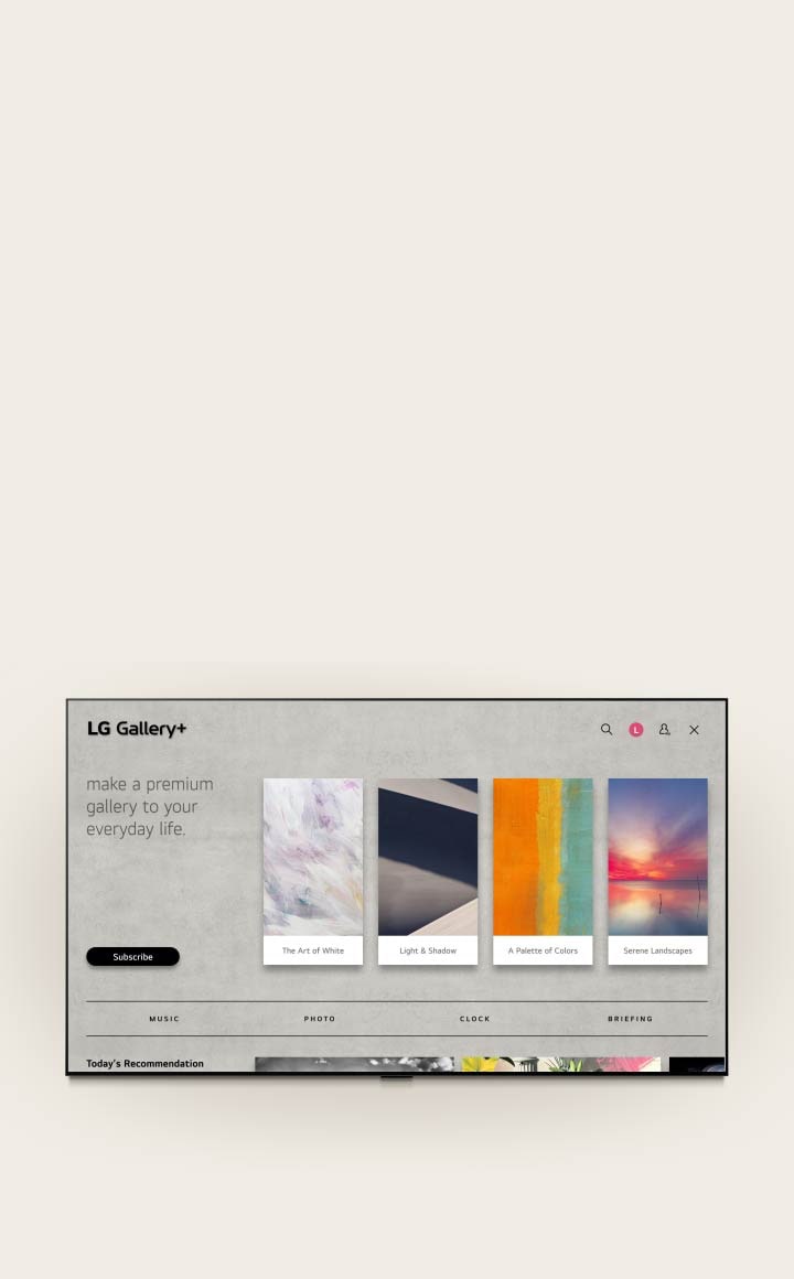 LG QNED AI Mini LED QNED70 shows the LG Gallery+ gray interface with a music and theme selection menu, moving from selecting preferences to creating My Album and showing curated artwork. 