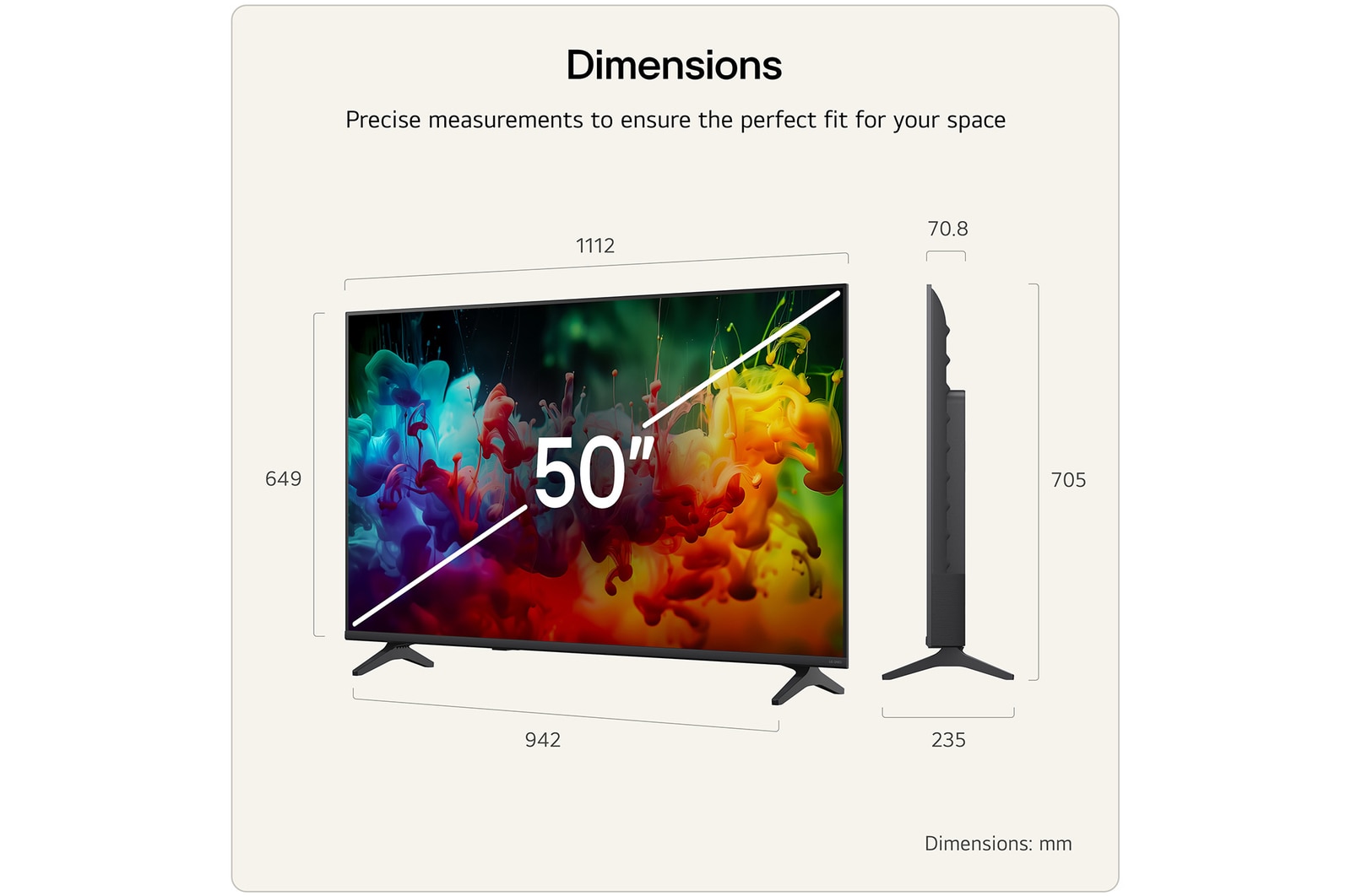 LG QNED AI QNED70 Mini LED shown in front and side views highlights a 50-inch display with a 1112 mm-wide screen, 649 mm screen height, 711 mm height with stand, a 70.8 mm profile depth, and a stand footprint measuring 902 by 230 mm.