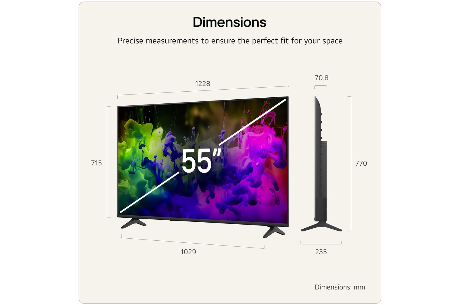 LG QNED AI QNED70 Mini LED with Dynamic QNED Color fills the screen with vivid, fluid bursts of multicolored, paint-like motion, showcasing enhanced color vibrancy certified for 100% Color Volume.