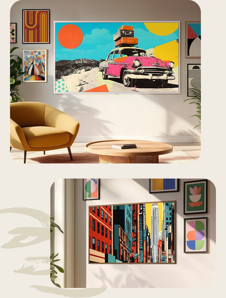 LG Gallery TV LX7 featuring its Gallery Design with frame, showcased on the left with a minimalist white frame and on the right with a warm wood frame to demonstrate how its customisable frames allow the TV to blend seamlessly into any interior like a framed gallery piece.