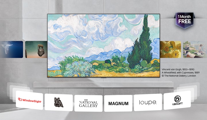 Wall-mounted LG TV with a variety of content cycling through the screen from classic art, modern art, 3D, and more. Logos of content partners also shown. Free badge in the corner says free contents, one month.