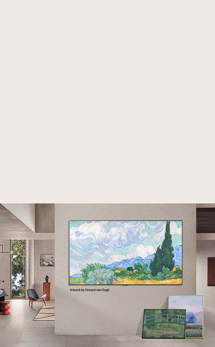 Interior of a sophisticated home. Lots of different artworks are displayed. On the center wall is an LG TV with popular artwork on the screen. The TV looks like a painting from a museum.
