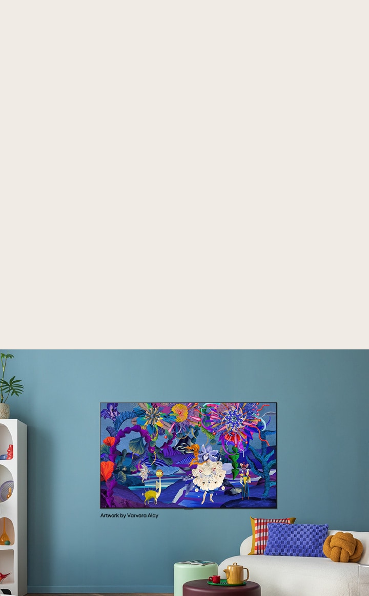 Interior of a stylish and colorful home. An LG TV is mounted on the wall. On its screen is a colorful modern artwork. The illustration on the TV adds personality to the overall interior design of the space.