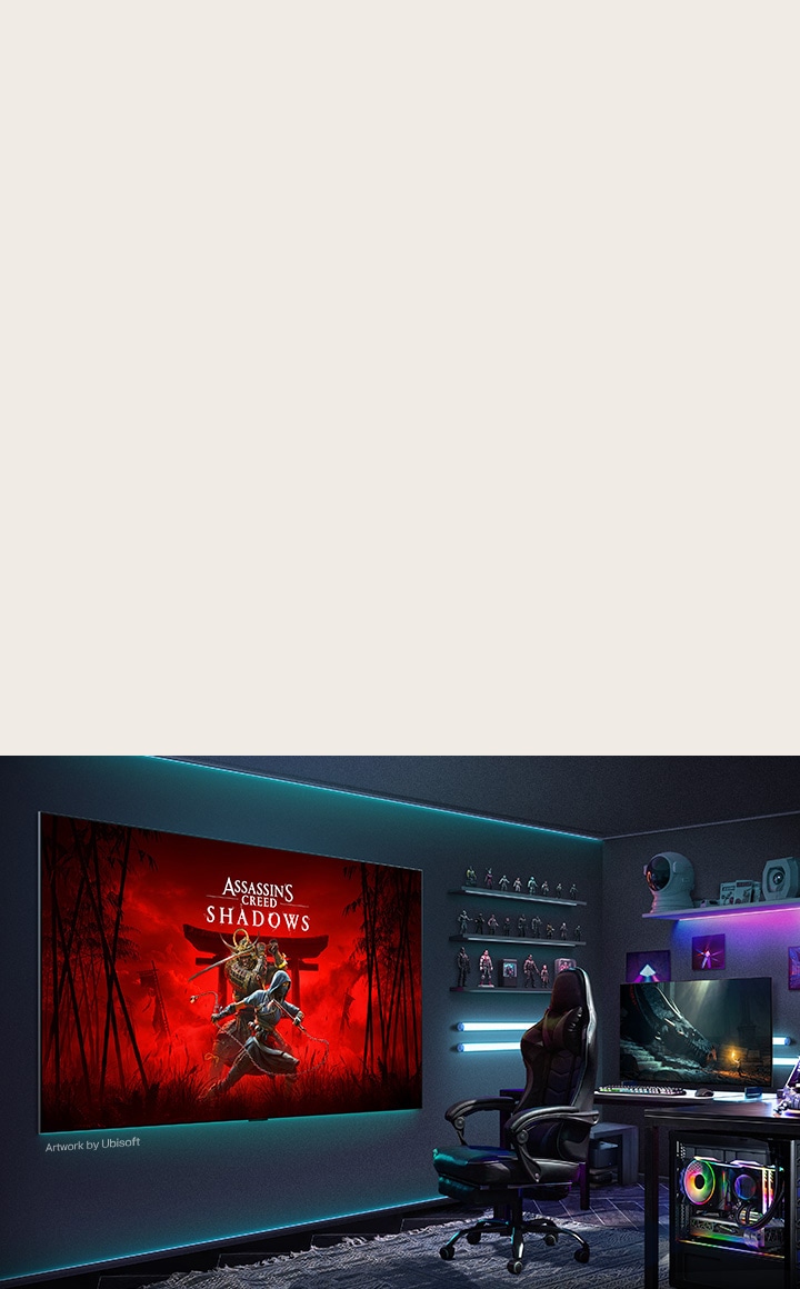 In a gaming room at home, a huge LG TV is mounted on the wall. On its screen is artwork from Assassin's Creed Shadows.