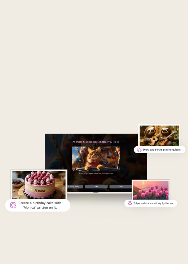 The process of using voice commands to use the generative AI function of LG Gallery+ is showcased. From the initial prompt, the resulting artwork is shown as well as other types of prompts and the artworks that resulted from it.