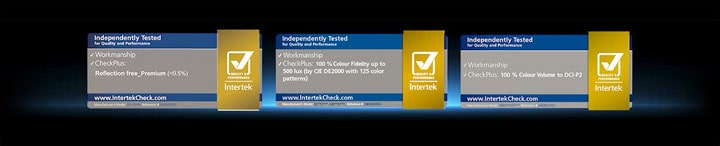 A image showing Intertek tested certifications for LG OLED evo W6, including Reflection Free Premium, 100% colour fidelity up to 500 lux, and 100% colour volume to DCI-P3