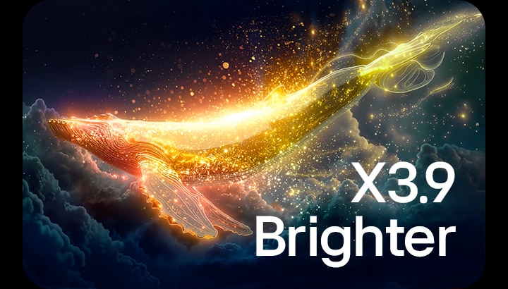 A visual of a glowing golden whale emerging through clouds, symbolizing the X3.9 brighter picture performance of LG OLED evo W6.