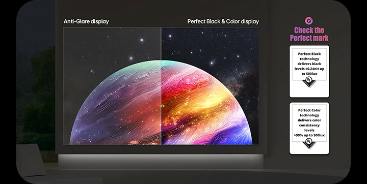 A visual showing a background shifting from dark to bright while maintaining clear picture quality, highlighting the Perfect Black and Perfect Colour performance of LG OLED evo W6	