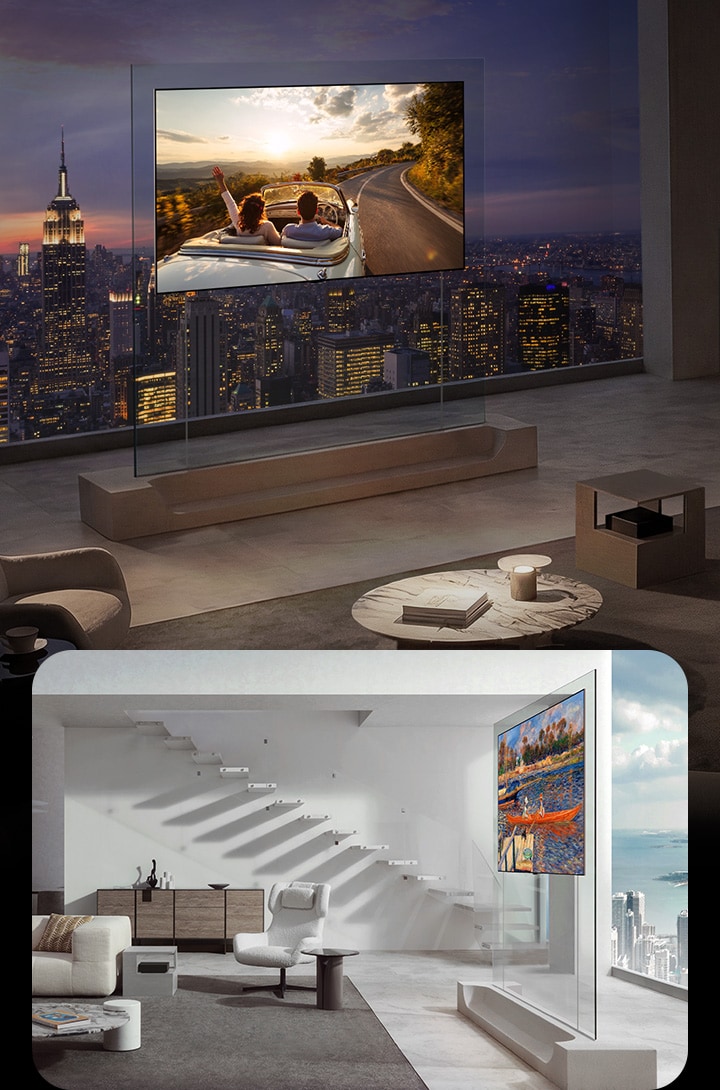 Two visuals of LG OLED evo W6 shown wirelessly installed in different interiors, one with a city night view and another in a bright living space displaying artwork.
