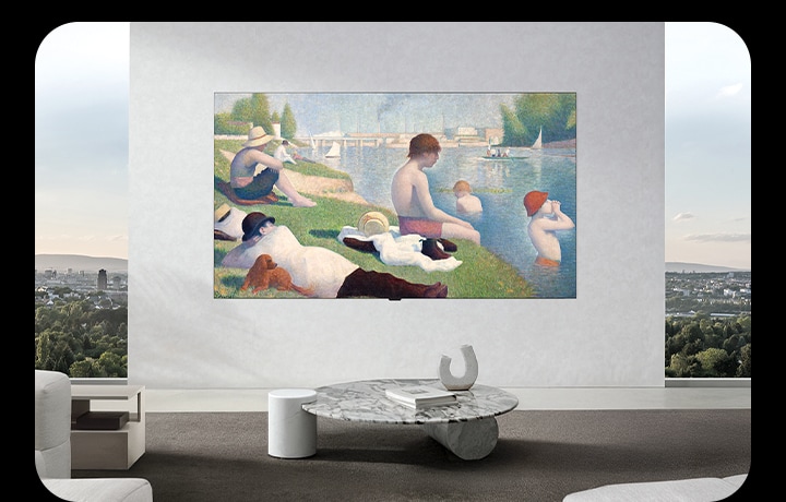 A visual of LG OLED evo W6 mounted without visible cables, highlighting its True Wireless installation while displaying artwork in a minimalist living space.