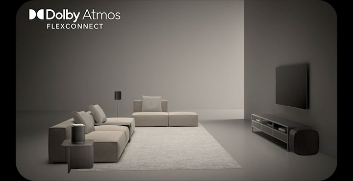 A video of LG TV's dolby atmos flexconnect connecting speakers with TV based on the placement of speakers and soundbar.