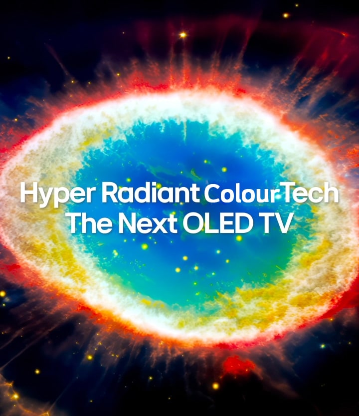 LG OLED evo TV with Hyper Radiant Color Tech displays a bright circular burst of blue, red, and yellow light against a dark space background with centered text reading Hyper Radiant Color Tech The Next OLED TV.