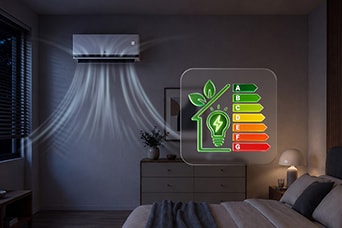 Máy điều hòa treo tường đang thổi luồng khí mát trong phòng ngủ, kèm theo hình ảnh hiển thị chỉ số hiệu suất năng lượng.