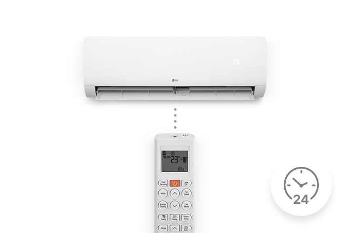 Hình ảnh một máy điều hòa LG kèm điều khiển từ xa có chức năng hẹn giờ 24 giờ.