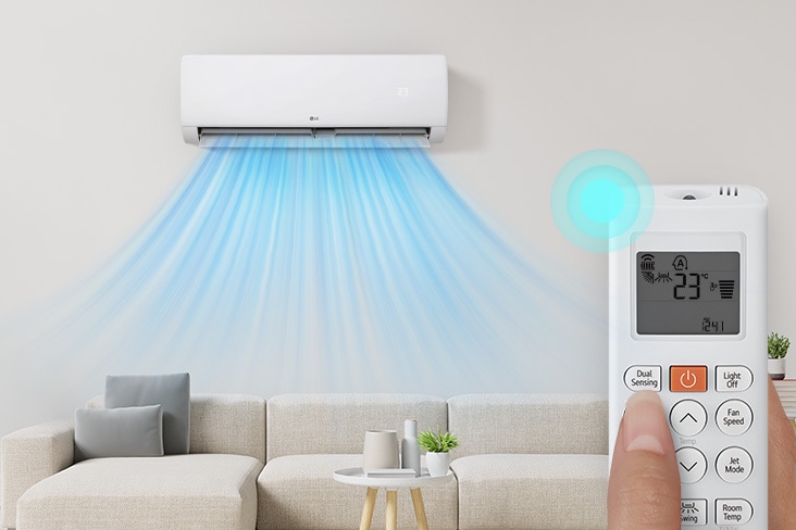 Máy điều hòa LG hoạt động làm mát dựa trên nhiệt độ phòng thông qua nút chọn chế độ.